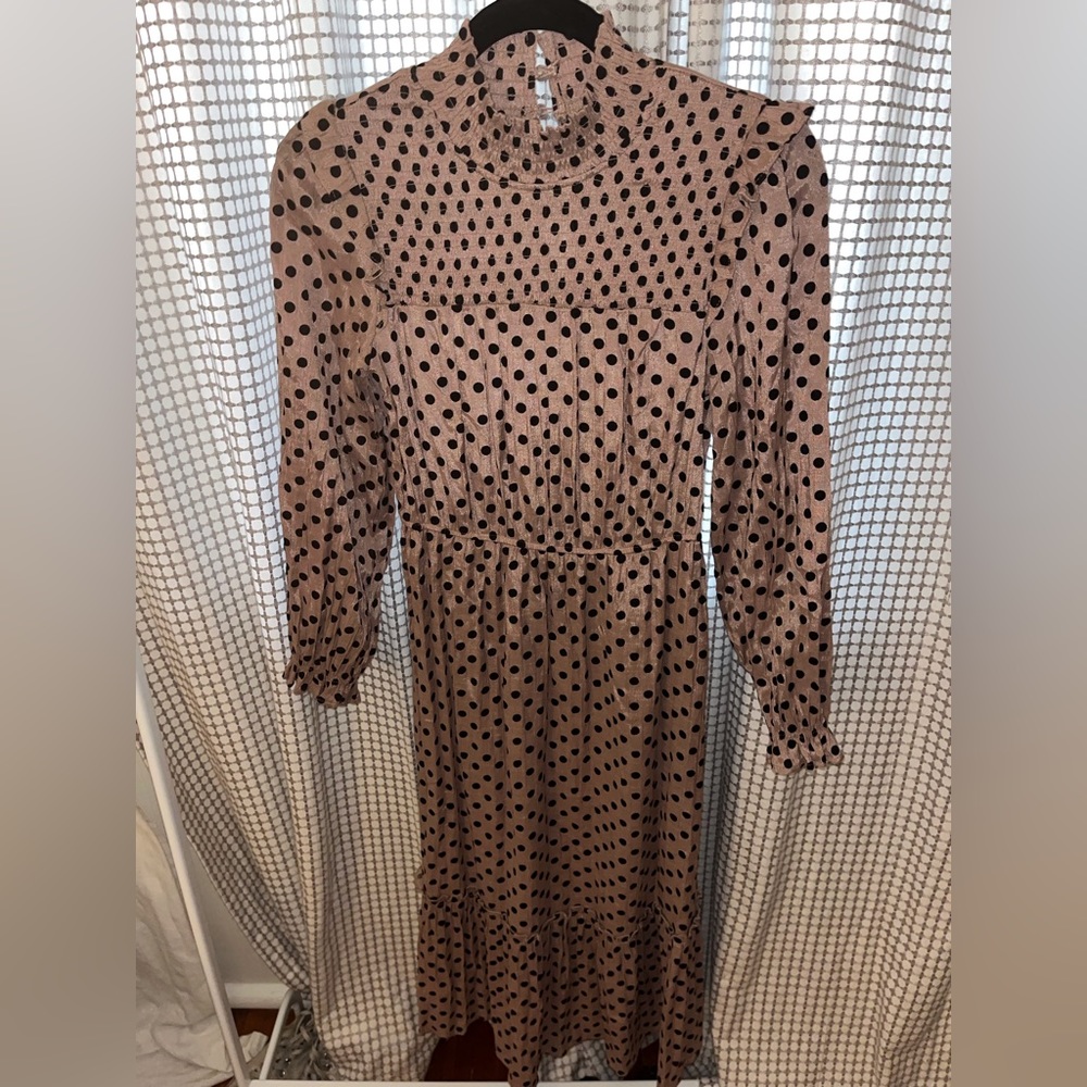 Cottagecore polkadot dusty rose dress with tiered skin and long sleeves S